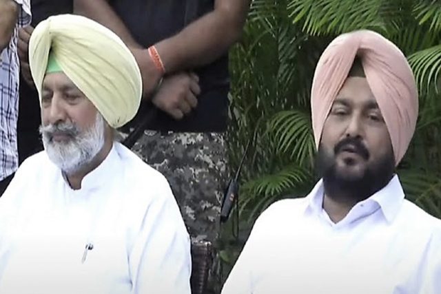 Former cabinet ministers Balbir Singh Sidhu and Gurpreet S Kangar addressing a press conference in Chandigarh