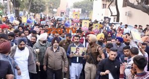 Ajay Pal (Centre) brother of late Vicky Middukhera leading a march held for demanding justice for Vicky Middukhera, who was shot dead in a broad day light, in Mohali.