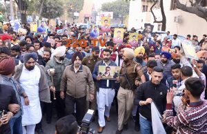 Ajay Pal (Centre) brother of late Vicky Middukhera leading a march held for demanding justice for Vicky Middukhera, who was shot dead in a broad day light, in Mohali.