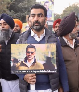 Ajay Pal brother of late Vicky Middukhera leading a march held for demanding justice for Vicky Middukhera, who was shot dead in a broad day light, in Mohali.