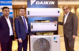 Kanwal Jeet Jawa, Chairman & Managing Director, Daikin India (right), Naveen Sharma, AGM, Sales (Far left), and Ankit Gulati, DGM, Branch Operations Head pose with Daikin's all new U-Series Split ACs' at a launch in Mountview Hotel in Chandigarh on 1st April, 2022.