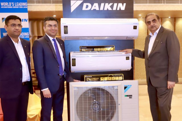 Kanwal Jeet Jawa, Chairman & Managing Director, Daikin India (right), Naveen Sharma, AGM, Sales (Far left), and Ankit Gulati, DGM, Branch Operations Head pose with Daikin's all new U-Series Split ACs' at a launch in Mountview Hotel in Chandigarh on 1st April, 2022.