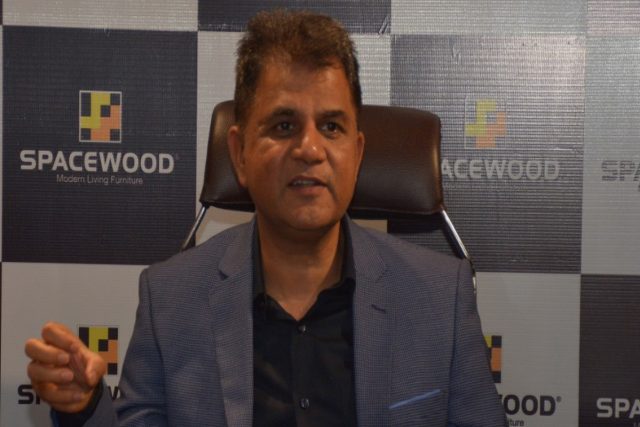 Kirit Joshi, Founder & Director of Spacewood addressing the media at the unveiling of Spacewood's outlet in tricity at sector 82 Mohali