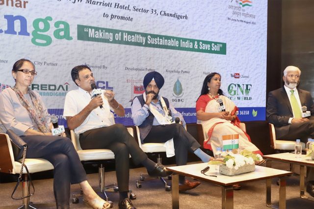 A panel discussion being held on 'Making of Sustainable India' by Indian Green Building Council (IGBC) experts to mark the Spirit of Freedom ‘Har Ghar Tiranga’ event organised by NGO ‘Guardians of Nature Federation at a hotel in Chandigarh on August 5, 2022.