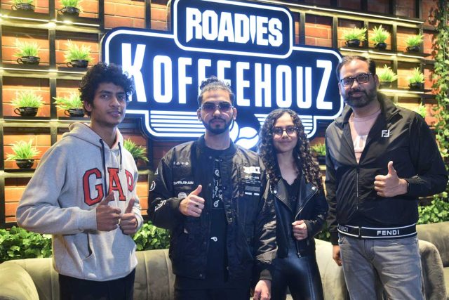 Dirt Biker Prithvi Singh Dhillon, Rapper Super Manikk, Golfer Ananya Kapoor & Sahil Baweja, Founder & CEO, Leapster Restaurants at the unveiling ceremony of superstar posters at Roadies Koffeehouz