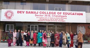Senior functionaries and staff members of Dev Samaj College of Education rejoice after the college got NAAC Grade 'A' accreditation in the fourth cycle of accreditation.