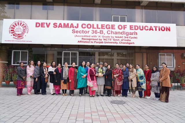 Senior functionaries and staff members of Dev Samaj College of Education rejoice after the college got NAAC Grade 'A' accreditation in the fourth cycle of accreditation.