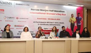 Prof. Harpreet Gill, master national athlete Opinder Kaur Sekhon, Prof. Dr Jaskiran Kaur (Campus Director, NMIMS), marathon runner Deep Shergill, singer Naveed Akhtar addressing a press conference to announce the details of the upcoming Narsee Monjee Half Marathon International Women’s Day Run at Narsee Monjee Institute of Management Studies (NMIMS) campus in Sarangpur, Chandigarh on February 26, 2023