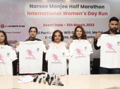 Prof. Harpreet Gill, master national athlete Opinder Kaur Sekhon, Prof. Dr Jaskiran Kaur (Campus Director, NMIMS), marathon runner Ms. Deep Shergill, singer Naveed Akhtar unveiling Half Marathon’s T Shirt for the upcoming Narsee Monjee Half Marathon International Women’s Day Run at Narsee Monjee Institute of Management Studies (NMIMS) campus in Sarangpur, Chandigarh on February 26, 2023