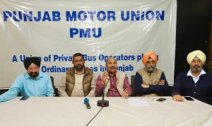 R S Bajwa (Secretary Punjab Motor Union), Shubhkarman Brar, Sandeep Sharma, Iqbal Singh and Harinder Singh Kanech interacting with media regarding issues related to Pvt. Bus Operators at Chandigarh Press Club (2)