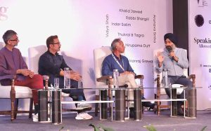 Panelists Artist Jiten Thukral Sumir Tagra Daljit Ami, filmmaker and scholar and Singer Rabbi Shergill during a panel discussion on Gazing at Punjab through art  at a two-day Think Fest ‘Speaking Allowed 2023’ being held at  CII.jpg