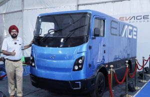 Inderveer Singh Panesar, Founder & CEO of EVage posing with FR8, a 1-ton electric delivery truck at Renewable Energy & Electric Vehicle Exhibition, 2023 at Parade Ground, Sect 17 Chandigarh..JPG