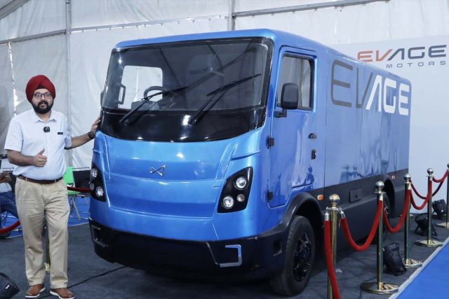 Inderveer Singh Panesar, Founder & CEO of EVage posing with FR8, a 1-ton electric delivery truck at Renewable Energy & Electric Vehicle Exhibition, 2023 at Parade Ground, Sect 17 Chandigarh..JPG