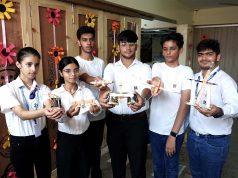 Students showing 'catapults' they prepared at a science event held as part of the 'Annual Vivek Fiesta '24'