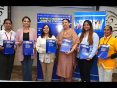 Renowned gynecologist Dr Preeti Jindal (3rd fm left) who is the Editor of book 'Aesthetic Regenerative & Cosmetic Gynecology' alongwith members of her core team at a press meet held to unveil the book