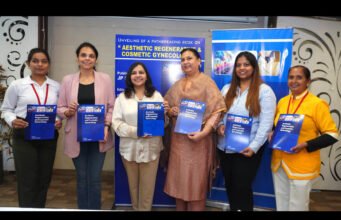 Renowned gynecologist Dr Preeti Jindal (3rd fm left) who is the Editor of book 'Aesthetic Regenerative & Cosmetic Gynecology' alongwith members of her core team at a press meet held to unveil the book