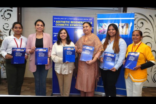 Renowned gynecologist Dr Preeti Jindal (3rd fm left) who is the Editor of book 'Aesthetic Regenerative & Cosmetic Gynecology' alongwith members of her core team at a press meet held to unveil the book