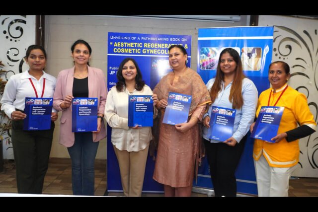 Renowned gynecologist Dr Preeti Jindal (3rd fm left) who is the Editor of book 'Aesthetic Regenerative & Cosmetic Gynecology' alongwith members of her core team at a press meet held to unveil the book